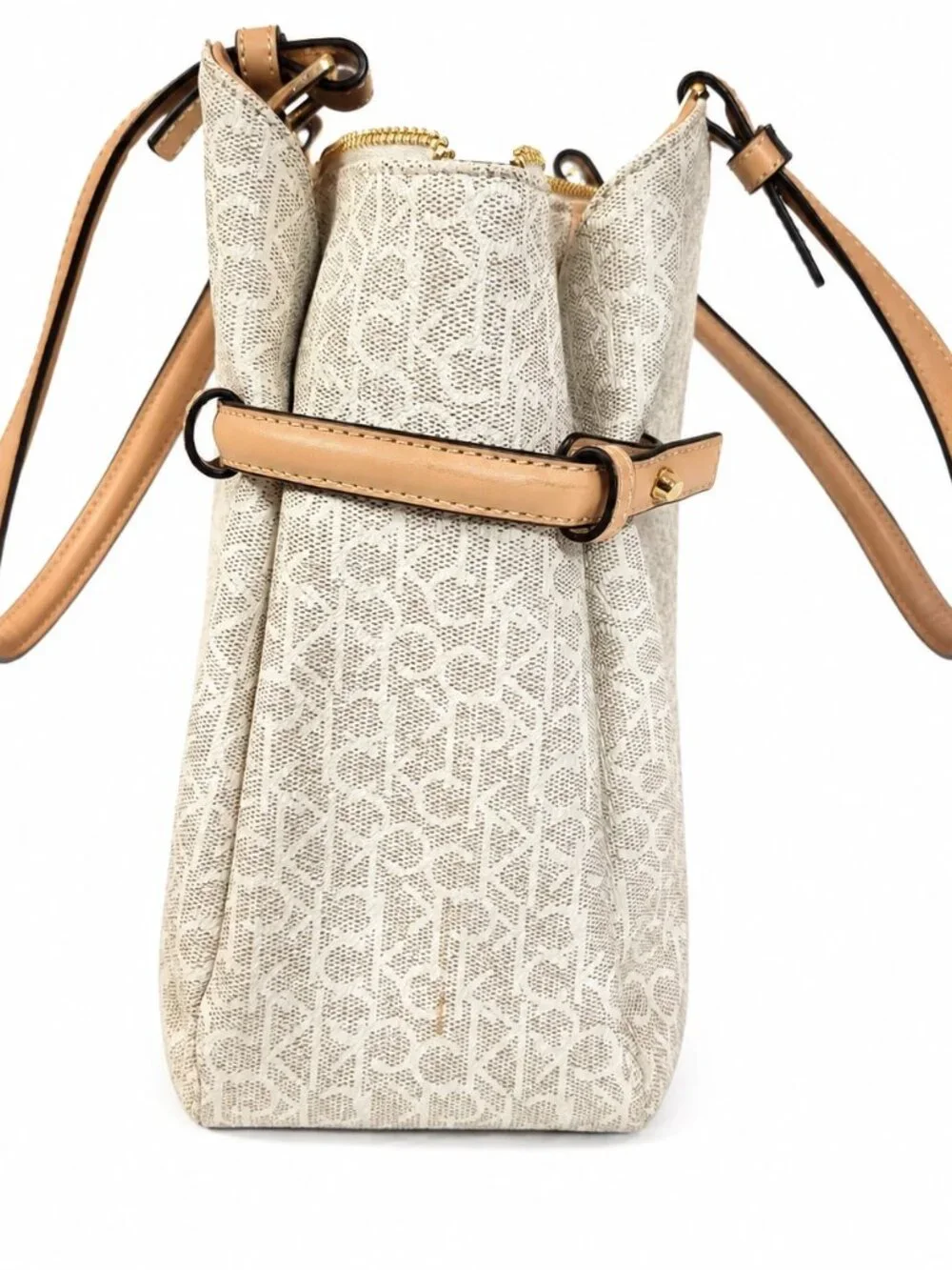 Calvin Klein CK Monogram Beige Tan Shoulder Bag Satchel Purse Gold Hardware